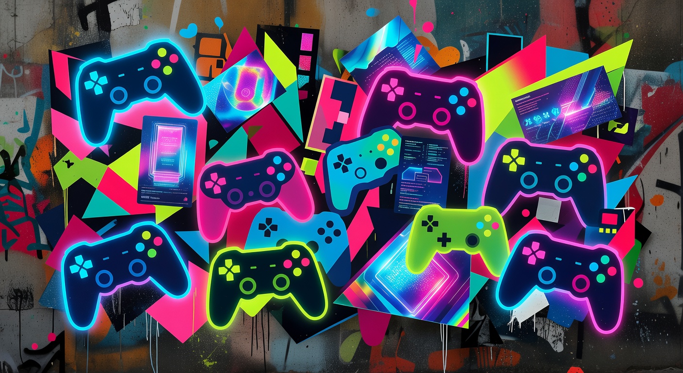 Generische Gaming-Collage mit Abo-Karten, Controller-Silhouetten und Interface-Elementen ohne Logos oder bekannte Figuren