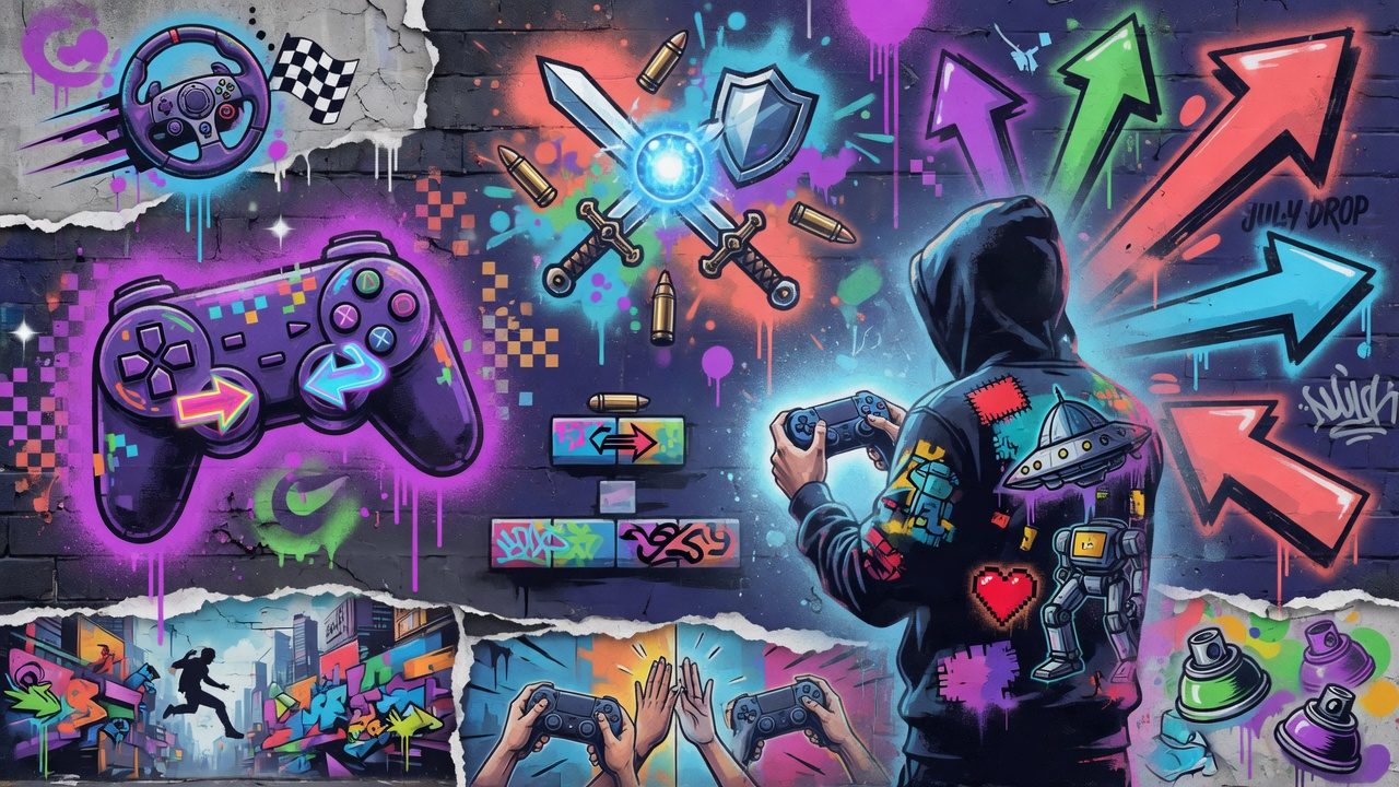 Abstrakte Gaming-Collage mit futuristischen Soldaten, einer Fantasy-Gruppe und einer pixeligen Sci-Fi-Landschaft ohne Logos oder Markenfiguren