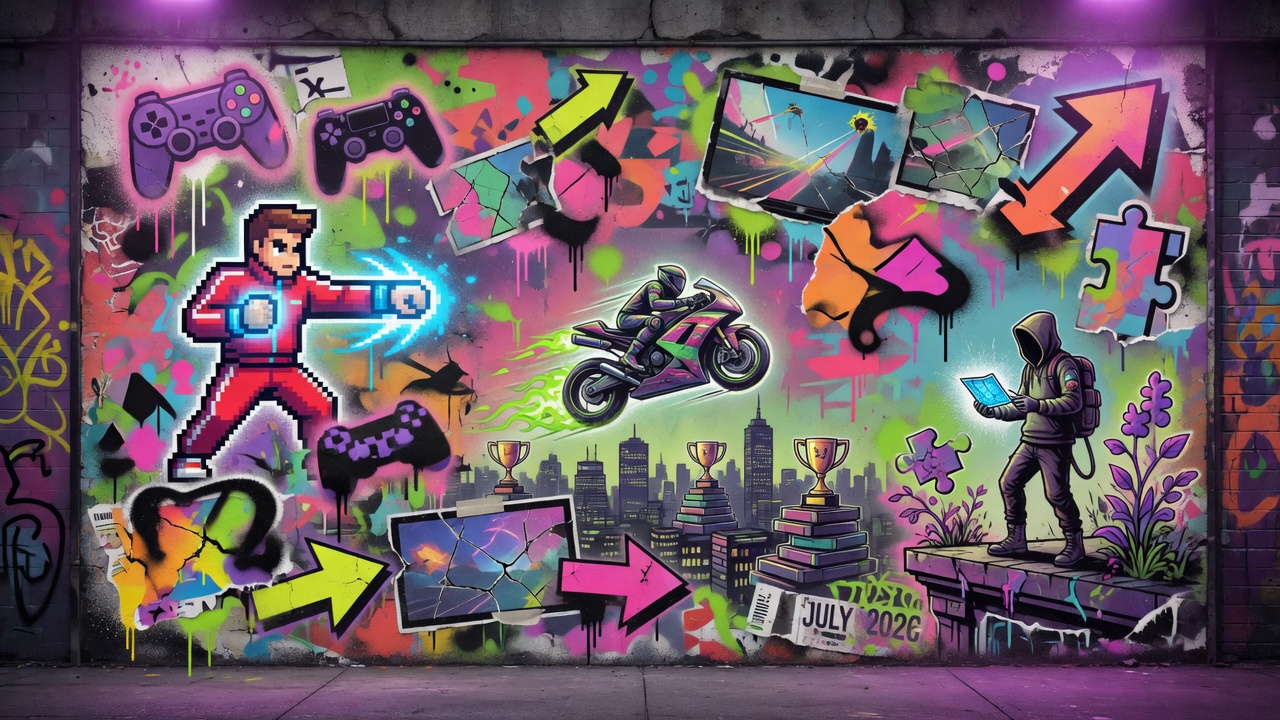 Abstrakte Gaming-Collage mit Soldatensilhouette, Fantasy-Landschaft und Pixel-Action ohne Logos oder Markenfiguren