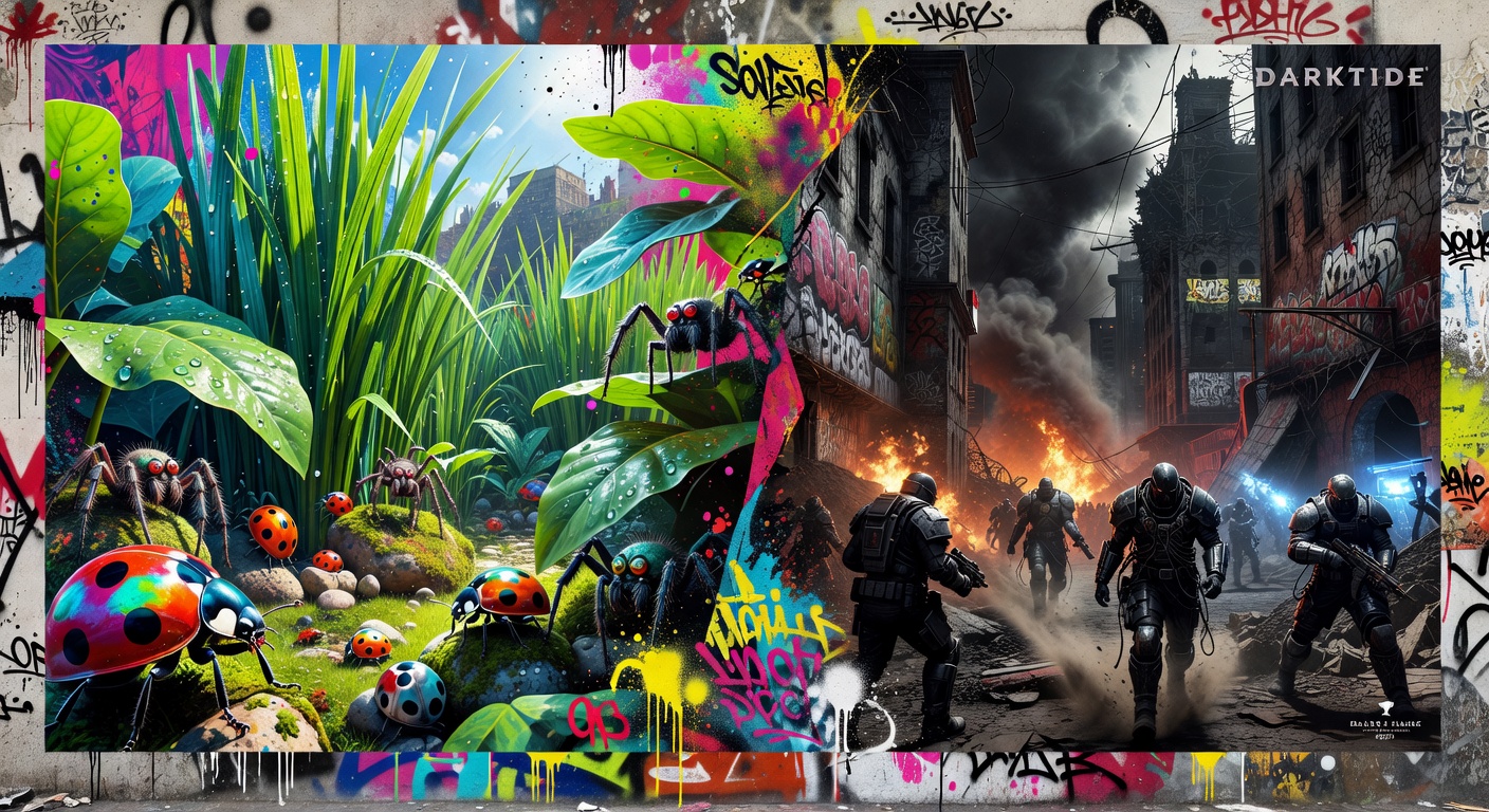 Bunte, generische Gaming-Collage mit Controller, futuristischer Stadt und Action-Szene ohne Logos oder Markenfiguren
