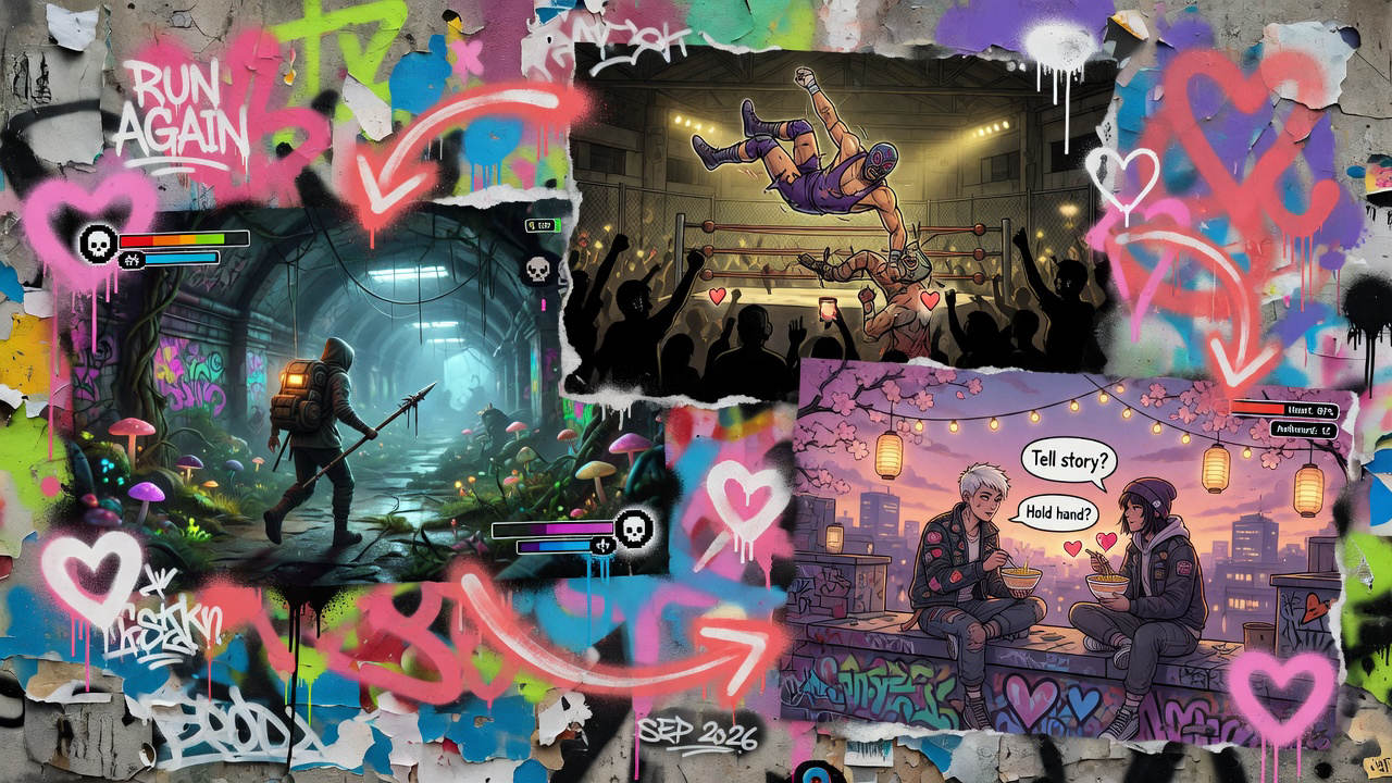 Bunte Gaming-Collage mit Fantasy-Landschaft, Sportarena, Arcade-Kugeln und Wohnzimmerobjekten ohne Logos