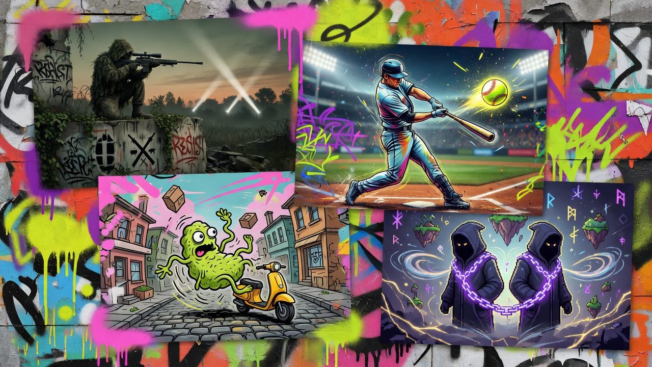 Bunte Gaming-Collage mit Scharfschützenmotiv, Baseball-Stadion, verspielter Insel und Fantasy-Landschaft ohne Logos oder bekannte Figuren
