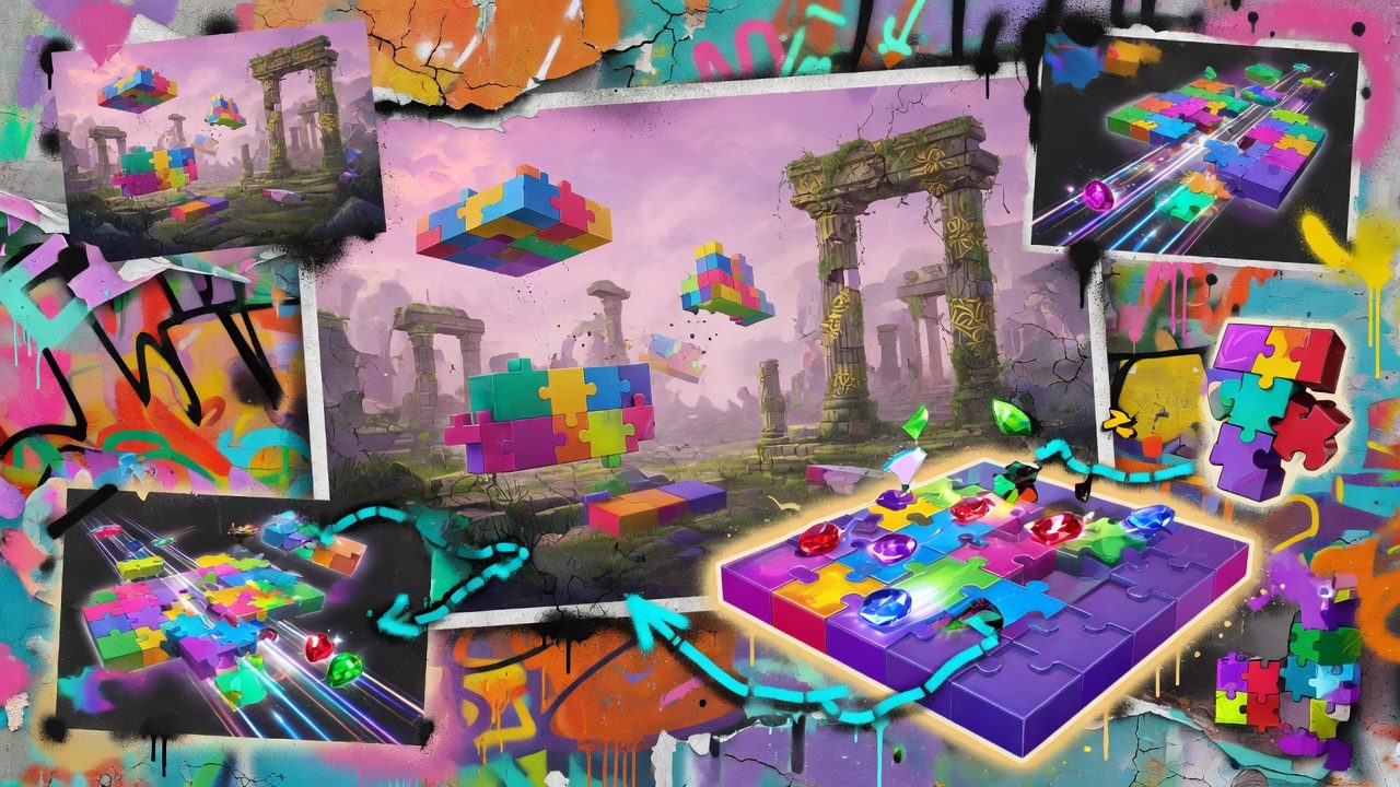 Bunte Puzzle-Collage mit schiebbaren Blöcken, leuchtenden Juwelen und alten Ruinen ohne Logos