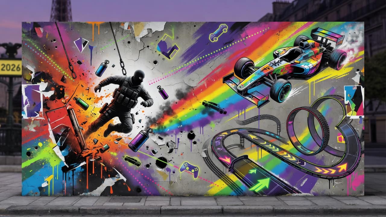Bunte E-Sport-Collage mit taktischem Shooter, futuristischem Rennwagen und Arena-Licht ohne Logos oder Markenfiguren