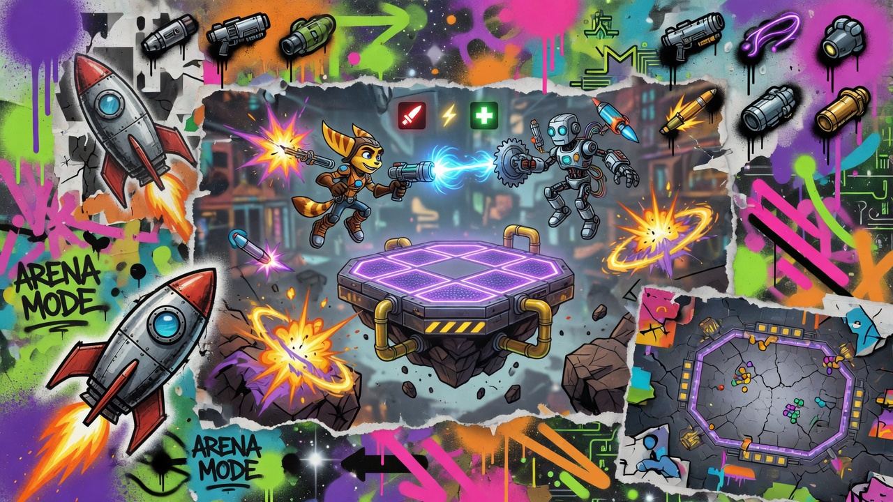 Bunte Sci-Fi-Gaming-Collage mit futuristischen Arenen, Robotern und mobilen Action-Szenen ohne Logos oder bekannte Figuren