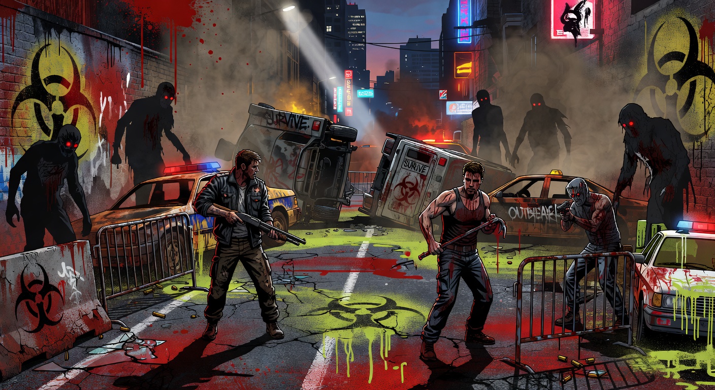 Düstere, generische Horror-Spielszene mit Neonfarben und urbanem Collage-Look