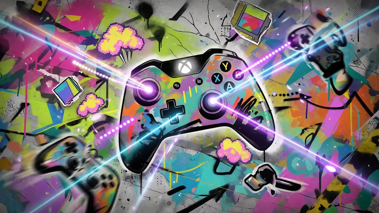 Futuristische Gaming-Collage mit leuchtenden Pfaden, abstrakten Erinnerungsräumen und einer stilisierten Sci-Fi-Figur ohne Logos