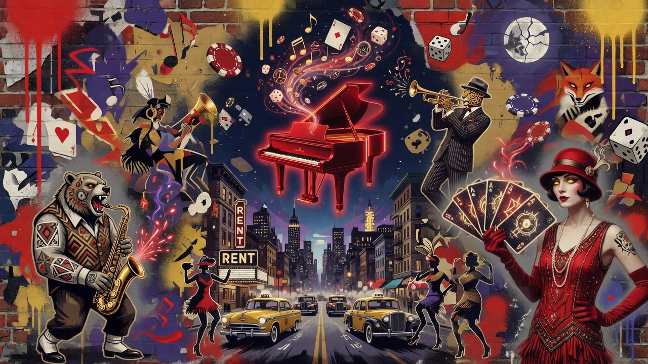 Atmosphärische Gaming-Collage mit magischer Sängerin, nächtlicher Großstadt der 1920er-Jahre, Jazz-Bühne und leuchtenden Kreaturen ohne Logos oder bekannte Figuren