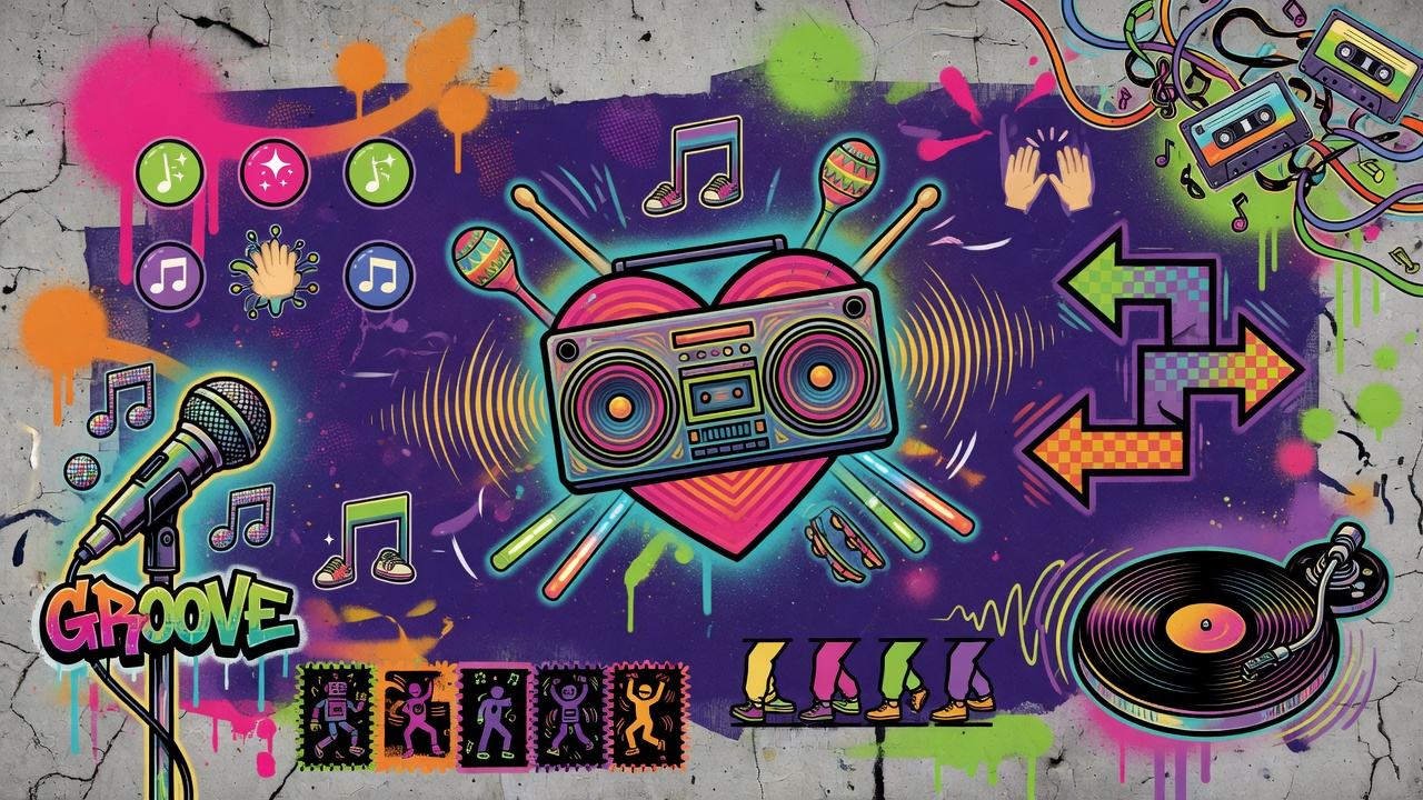 Bunte Rhythmusspiel-Collage mit abstrakten Figuren, Noten, Taktimpulsen und magischen Effekten ohne Logos