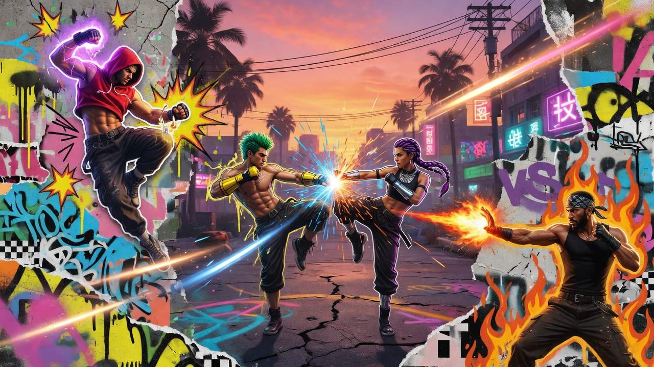 Dynamische Fighting-Game-Collage im Street-Art-Stil mit Arena, Energieeffekten und abstrakten Kämpfer-Silhouetten ohne Logos oder bekannte Figuren