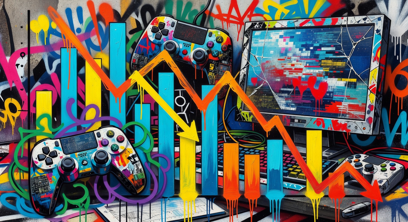 Symbolisches Bild einer angespannten Games-Industrie mit Studio-Silhouetten und Marktgrafiken