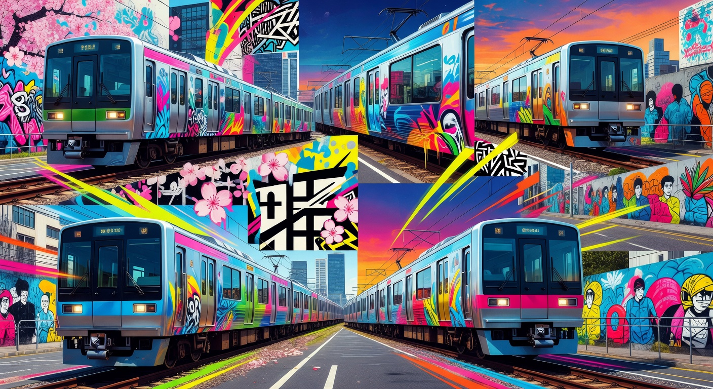 Stilisierter Nahverkehrszug fährt durch eine japanische Frühlingslandschaft