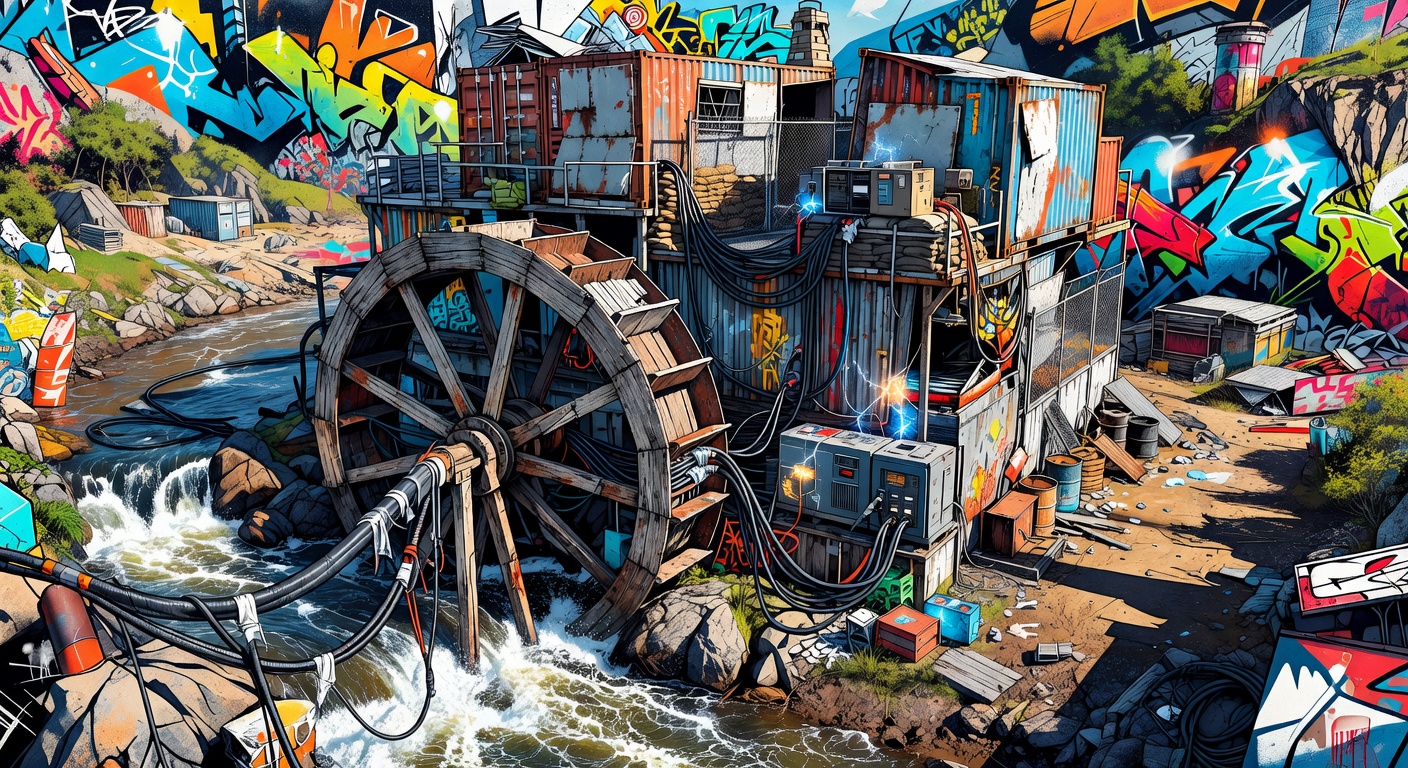 Generische Survival-Base an einem Fluss mit Wasserrad, Stromkabeln und Neonfarben ohne Logos oder bekannte Figuren