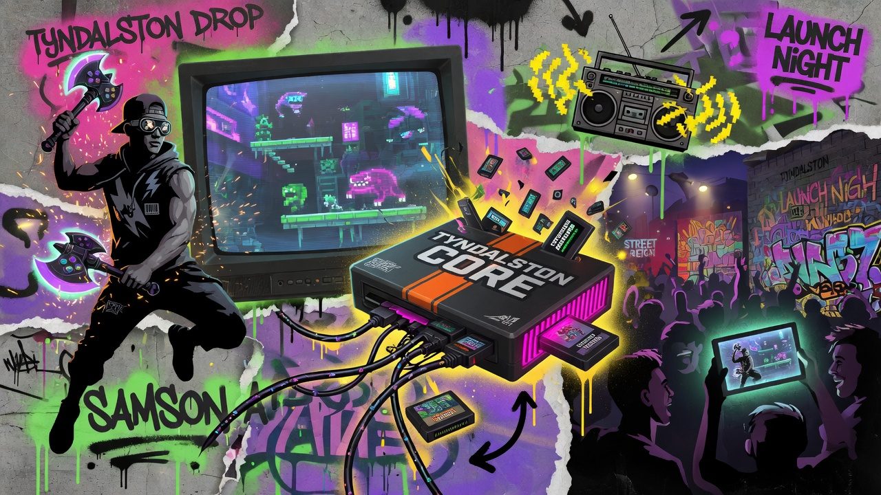Bunte Street-Art-Gaming-Collage mit nächtlicher Stadt, Faustkampf-Silhouetten und Fluchtwagen ohne Logos