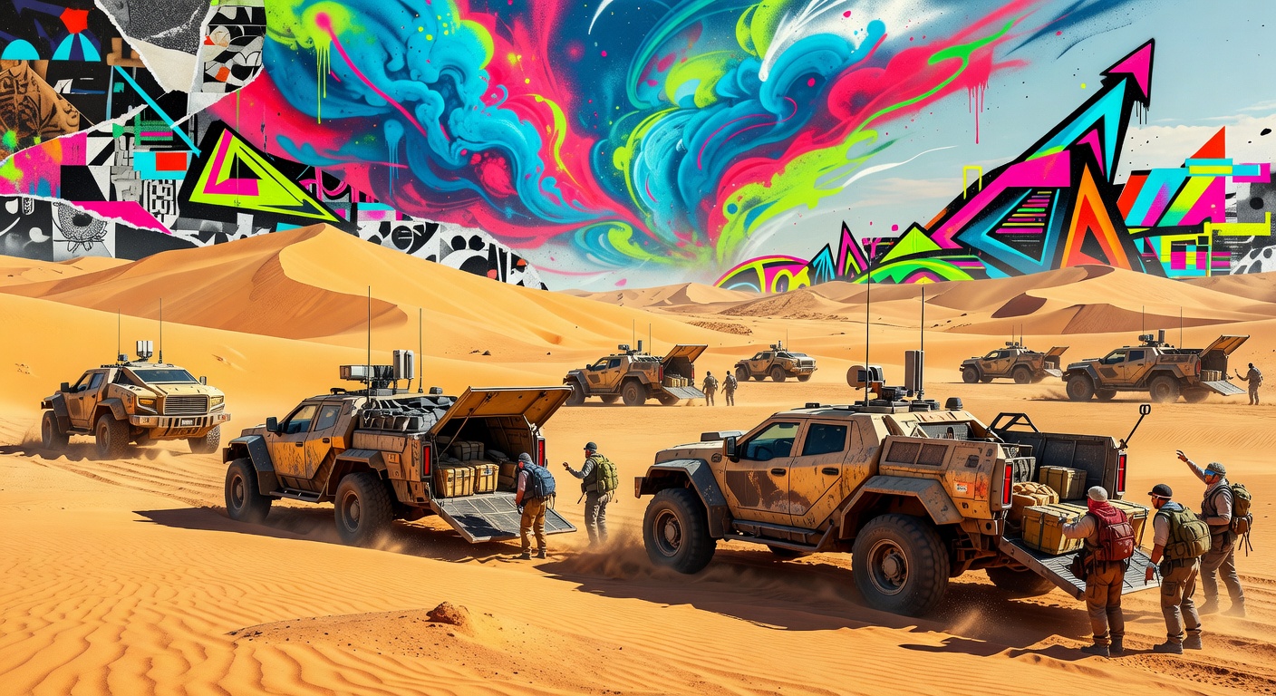 Sci-Fi-Wüstenfahrzeug vor einer improvisierten Basis, ohne Logos oder bekannte Figuren