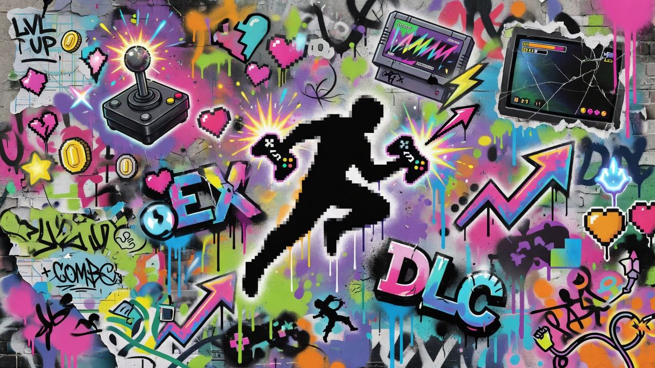 Bunte Street-Art-Collage mit generischen Beat-’em-up-Figuren, Band-Energie und Toronto-Stimmung ohne Logos oder bekannte Charaktere