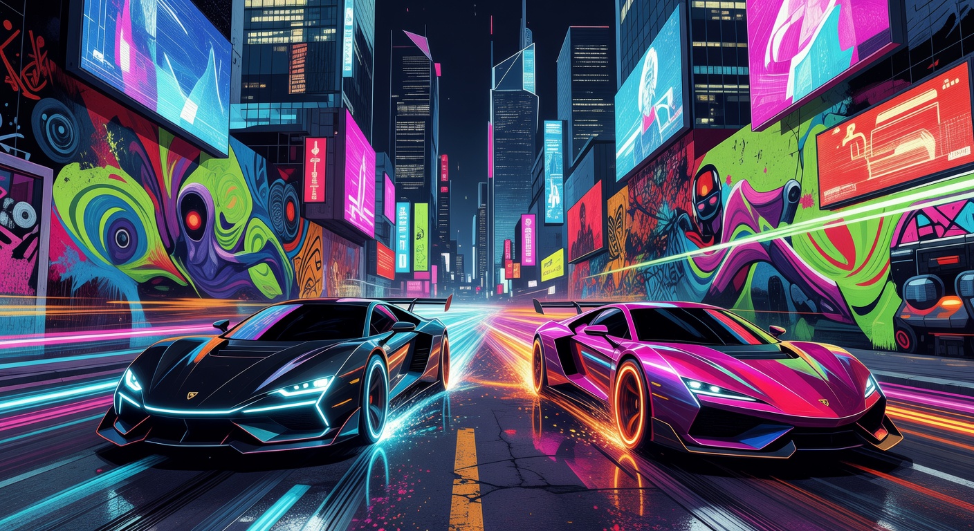 Dynamische Illustration eines futuristischen Rennwagens in einer Neon-Stadt ohne Logos