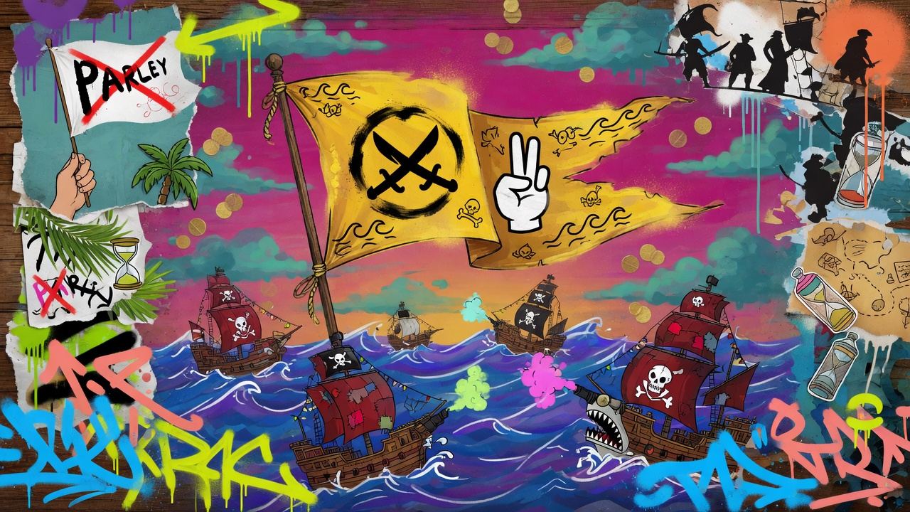 Generische Piraten-Collage mit Segelschiff, Signalflagge, Schatzkarten und stürmischer See ohne Logos oder bekannte Figuren
