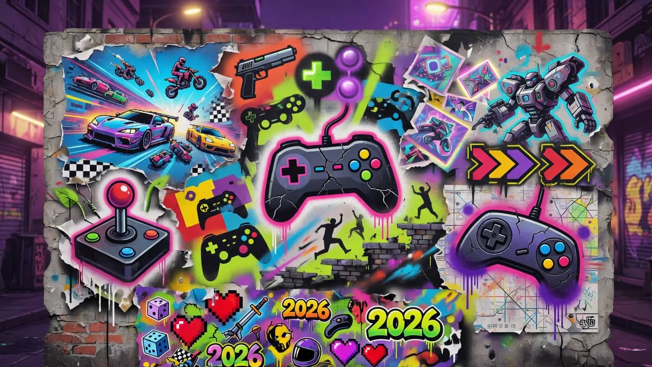 Bunte Gaming-Collage mit Großstadt, Arcade-Taxi, Schulkulisse und Sci-Fi-Korridor ohne Logos oder bekannte Figuren
