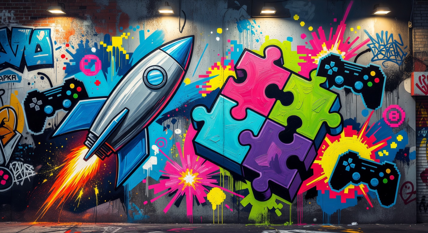 Generische Arcade-Collage im Street-Art-Stil mit Neonfarben ohne Logos und ohne bekannte Figuren