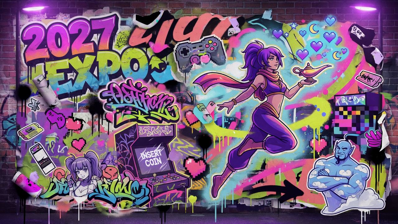 Bunte Platformer-Collage mit magischen Haarbögen, Wüstensilhouetten und leuchtendem Abenteuerhimmel ohne bekannte Figuren oder Logos