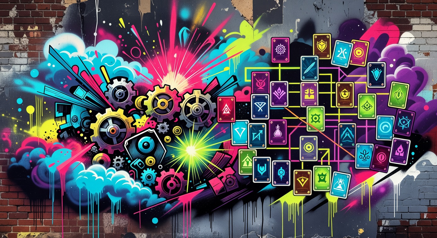 Stilisierte Karten- und Turm-Szene als Symbol für Balance-Updates in einem Deckbuilder