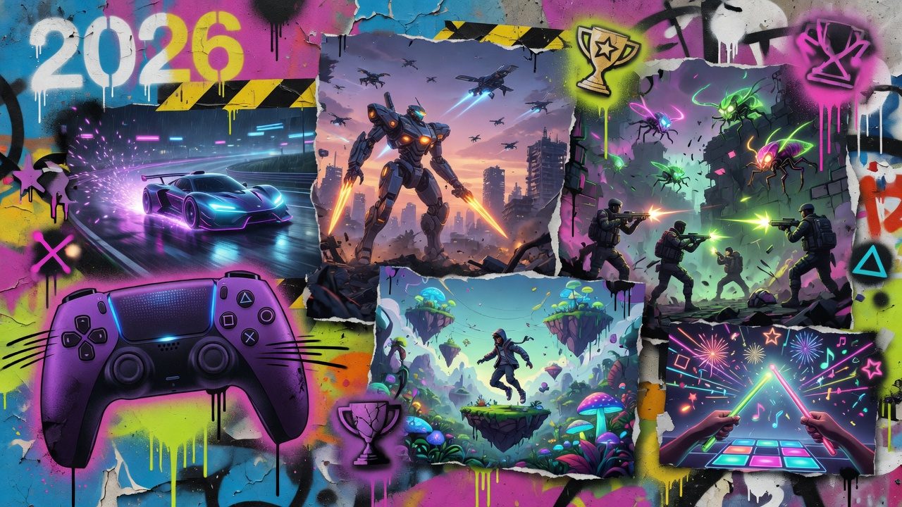 Dynamische Gaming-Collage im Street-Art-Stil mit futurischer Konsole, Rennszene, Samurai-Silhouette und Neon-Herbststimmung ohne Logos oder Markenfiguren