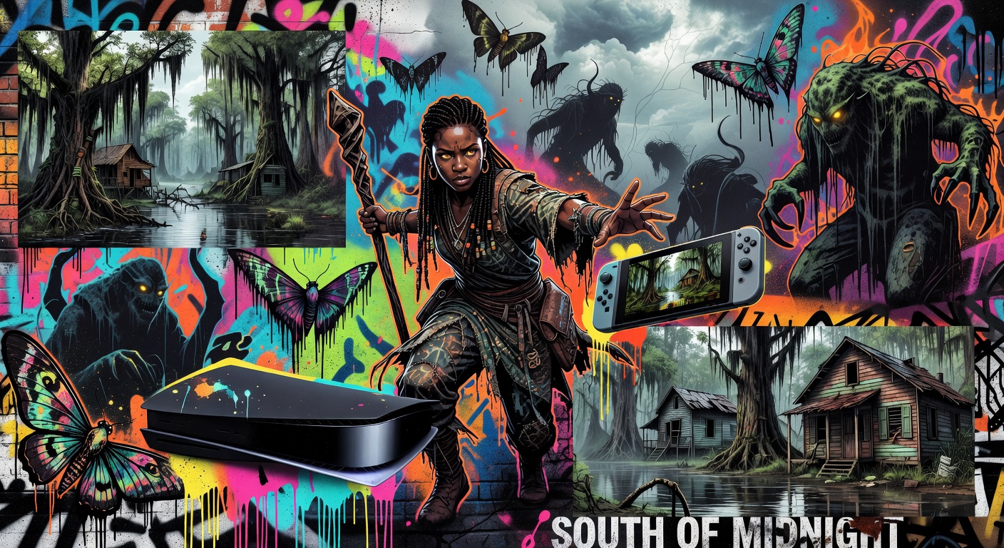 South of Midnight Artwork mit Hazel vor mystischem Südstaaten-Hintergrund