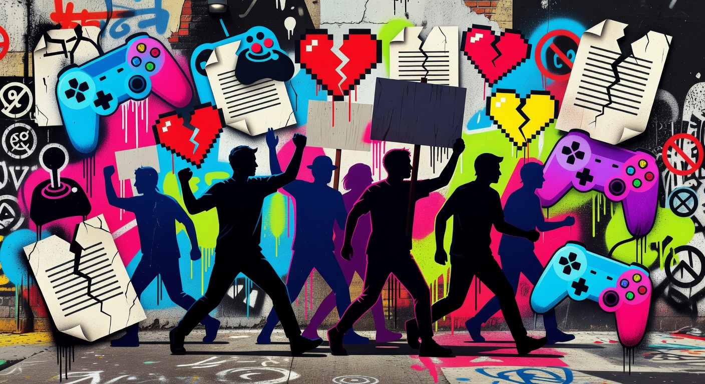Abstrakte Gaming-Szene mit Studio, Vertrag und protestierender Community