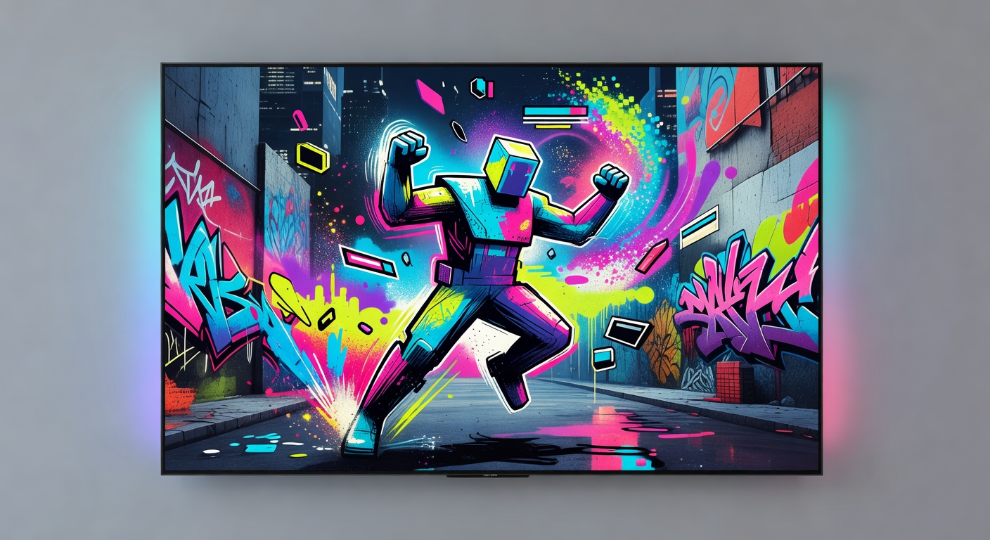 Bunte Splatter-Action-Collage mit stilisierten Inseln, Werkzeugen, Farbexplosionen und futuristischen Gadgets ohne Logos oder bekannte Figuren