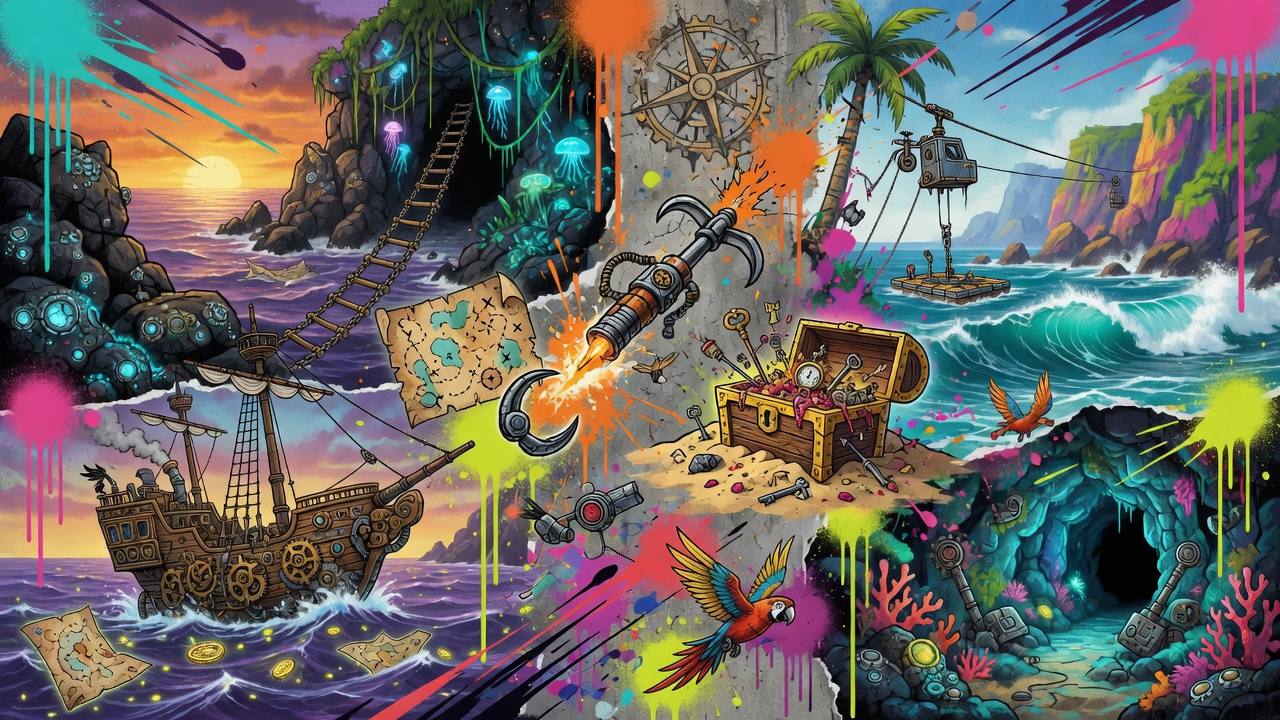 Dynamische Sommer-Gaming-Collage mit bunter Insel, Tinten-Energie, Schatzkarten und generischer Handheld-Silhouette ohne Logos oder Figuren