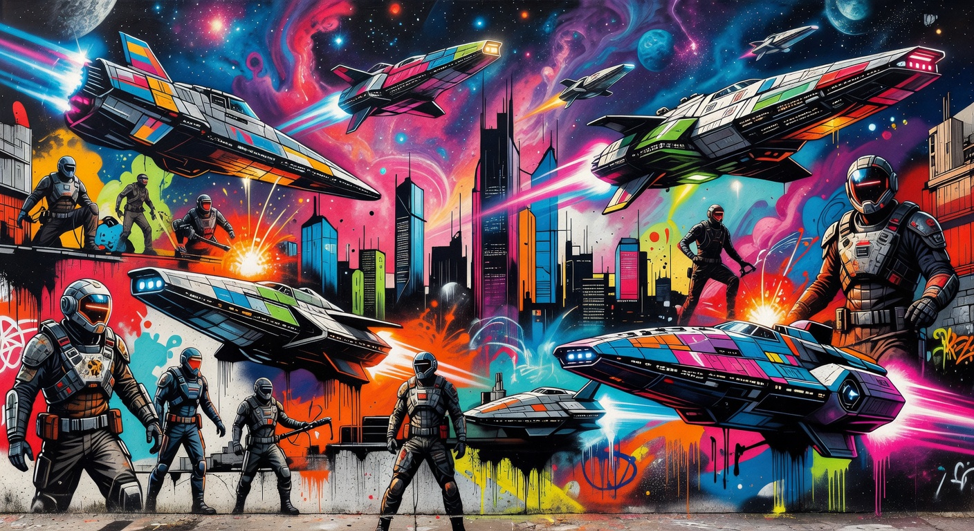 Sci-Fi-Raumhafen mit Schiffen und Neonlicht