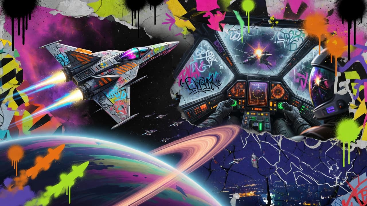 Abstrakte Sci-Fi-Gaming-Collage mit schnellen Raumjägern über einem Planeten ohne Logos oder bekannte Figuren