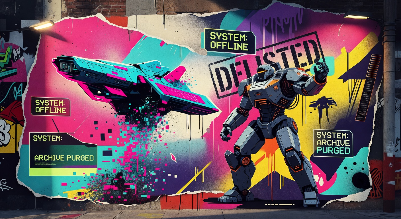 Abstrakte Sci-Fi-Gaming-Collage mit Sternenhintergrund, Raumschiff-Silhouetten und Store-Warnsymbolen ohne Logos oder bekannte Figuren