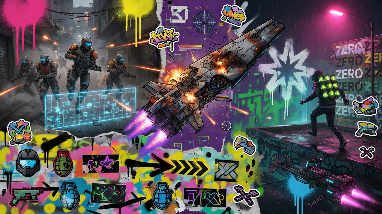 Generische Sci-Fi-Taktikszene mit gemischtem Einsatztrupp, Holo-Karte und Klonkrieg-Stimmung in farbiger Street-Art-Collage ohne Logos oder bekannte Figuren