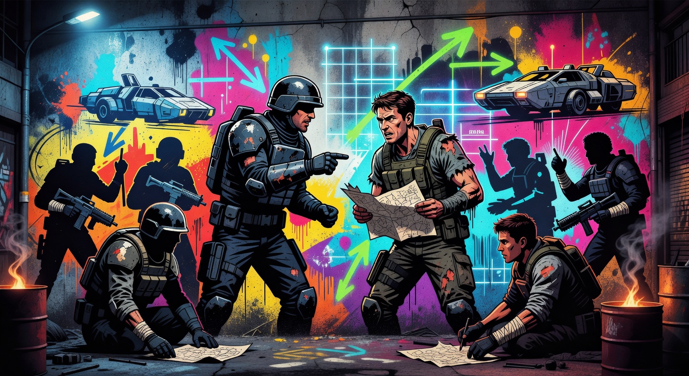 Abstrakte Sci-Fi-Taktikszene mit holografischer Karte und Squad-Symbolen