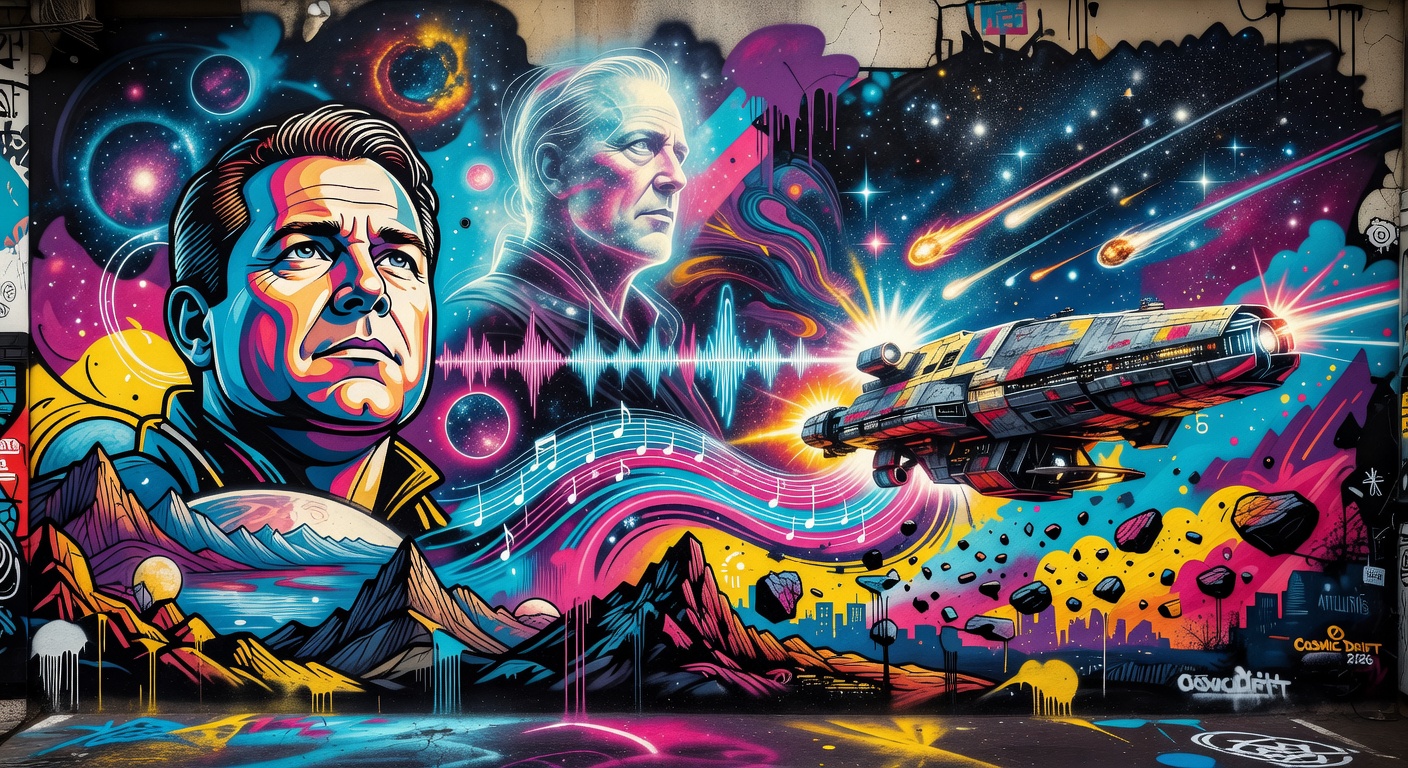 Starfield-Artwork mit futurischem Raumfahrt-Setting