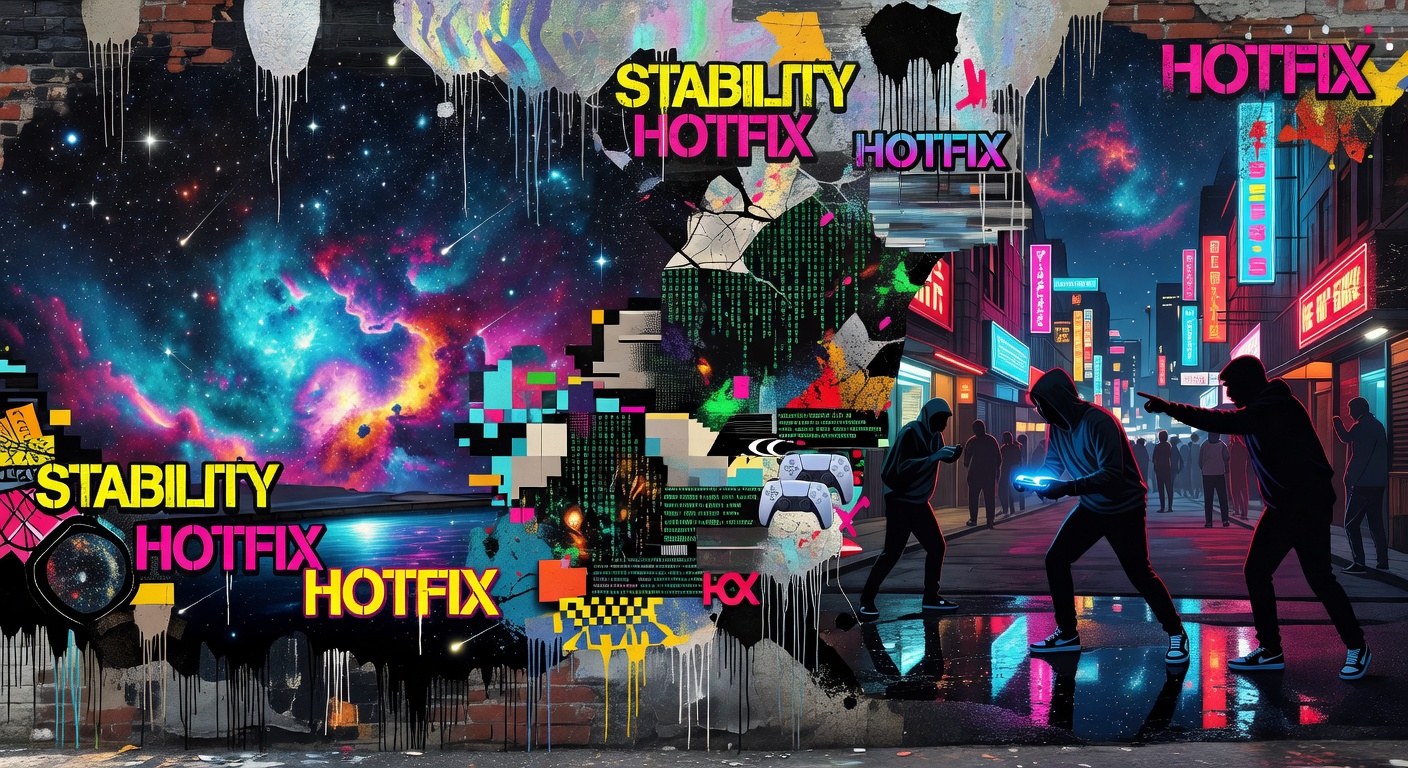 Abstrakte Sci-Fi-Szene mit Konsole, Sternenhimmel und technischen Interface-Elementen