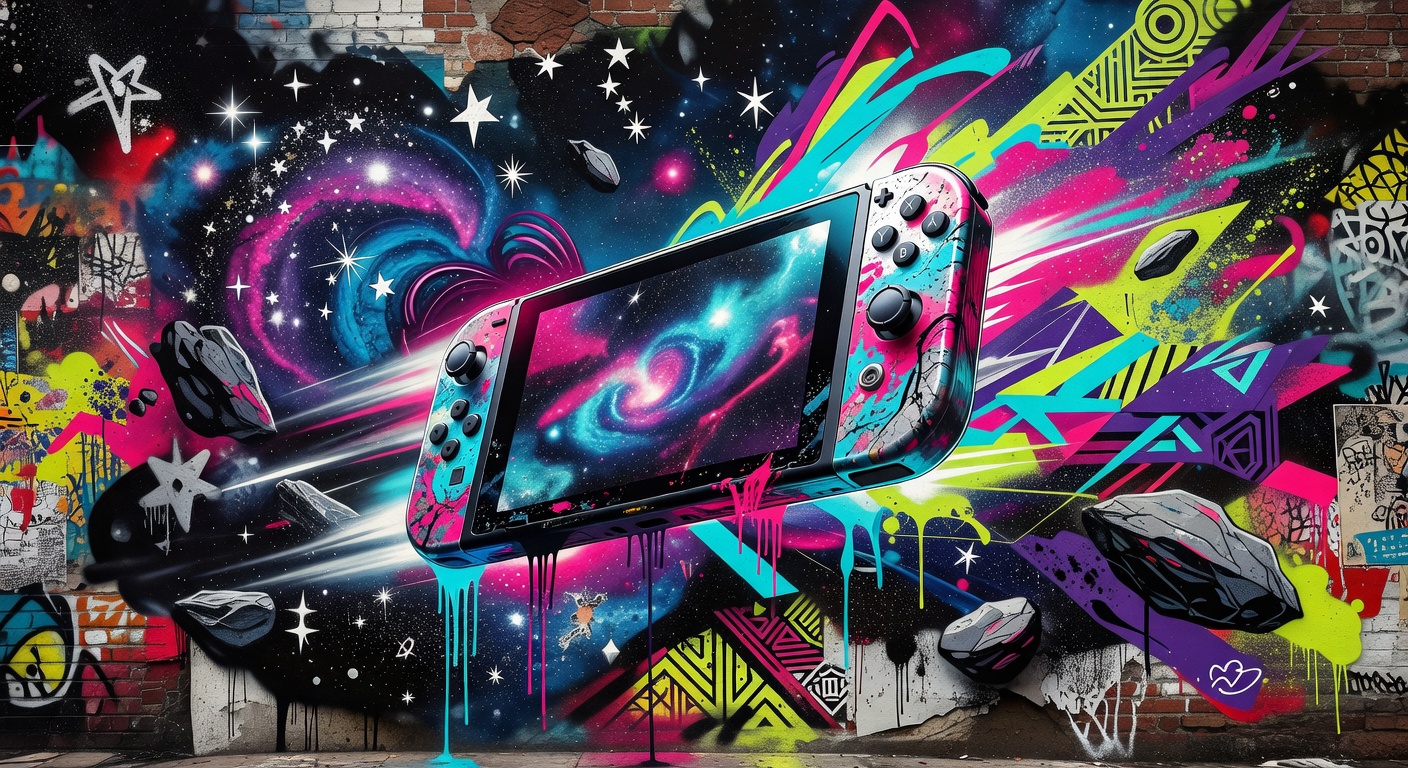 Futuristische Weltraum-Collage mit Raumschiff, Planet und Handheld-Silhouette ohne Logos oder bekannte Figuren