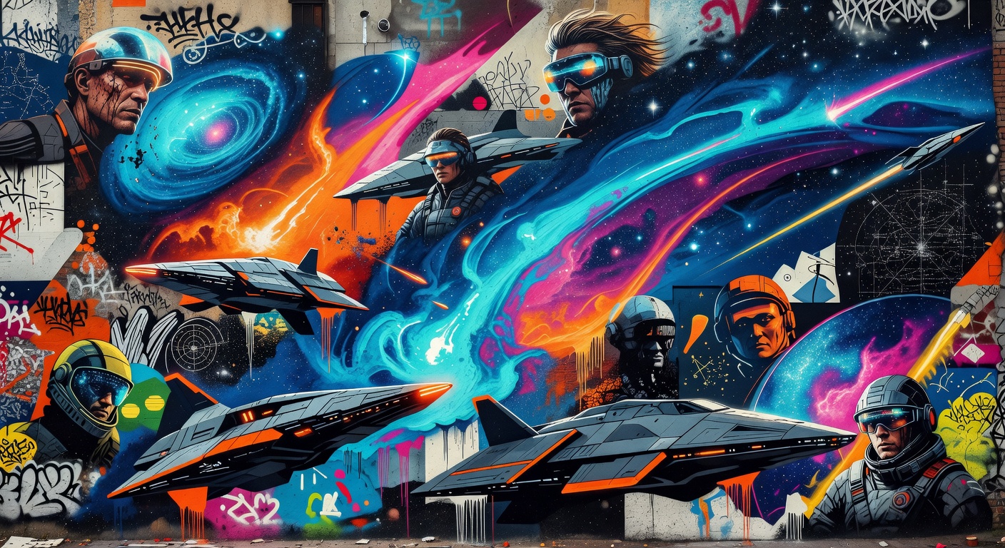 Abstrakte Sci-Fi-Spielszene mit futuristischer Stadt und Raumschiff-Silhouetten