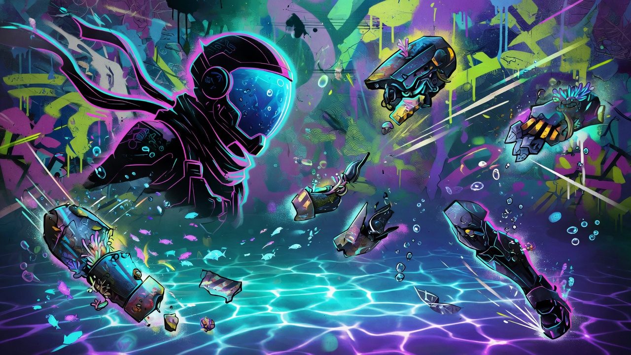 Generische Sci-Fi-Gaming-Collage mit futuristischer Pilotin, Unterwasserlicht und schwebenden Mecha-Formen ohne Logos