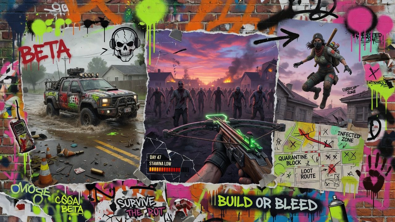 Generische Zombie-Survival-Collage mit Waldstraße, improvisierter Siedlung und vier Überlebenden ohne Logos