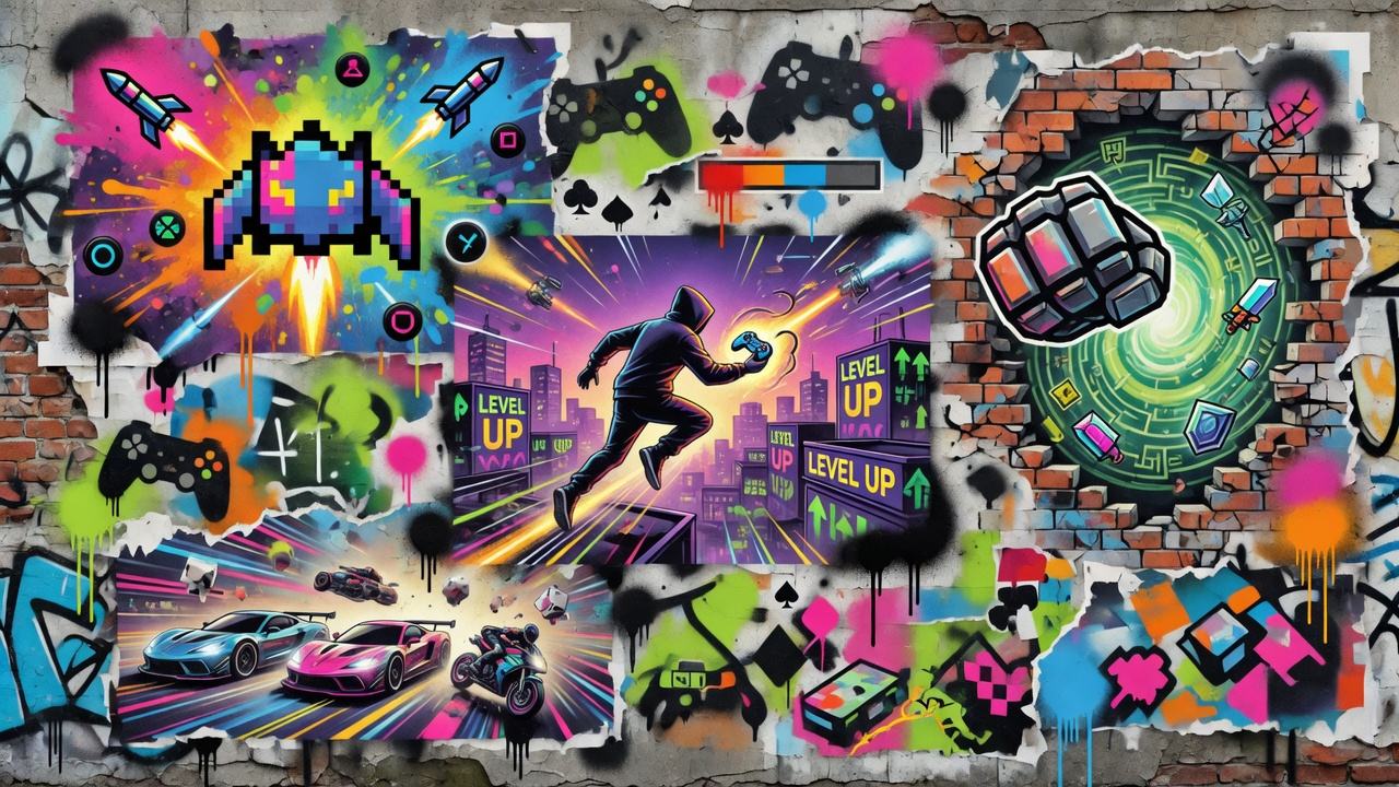 Dynamische Gaming-Collage mit blauen Lichteffekten, Bühne, Controller-Silhouetten und futuristischer Show-Atmosphäre ohne Logos oder Markenfiguren