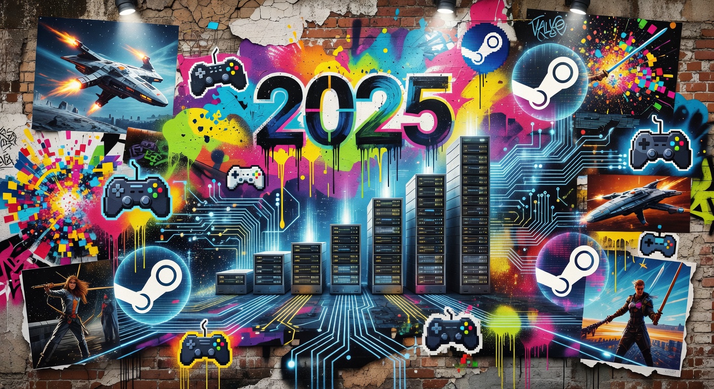 Steam-Logo vor Datenströmen und Download-Grafiken