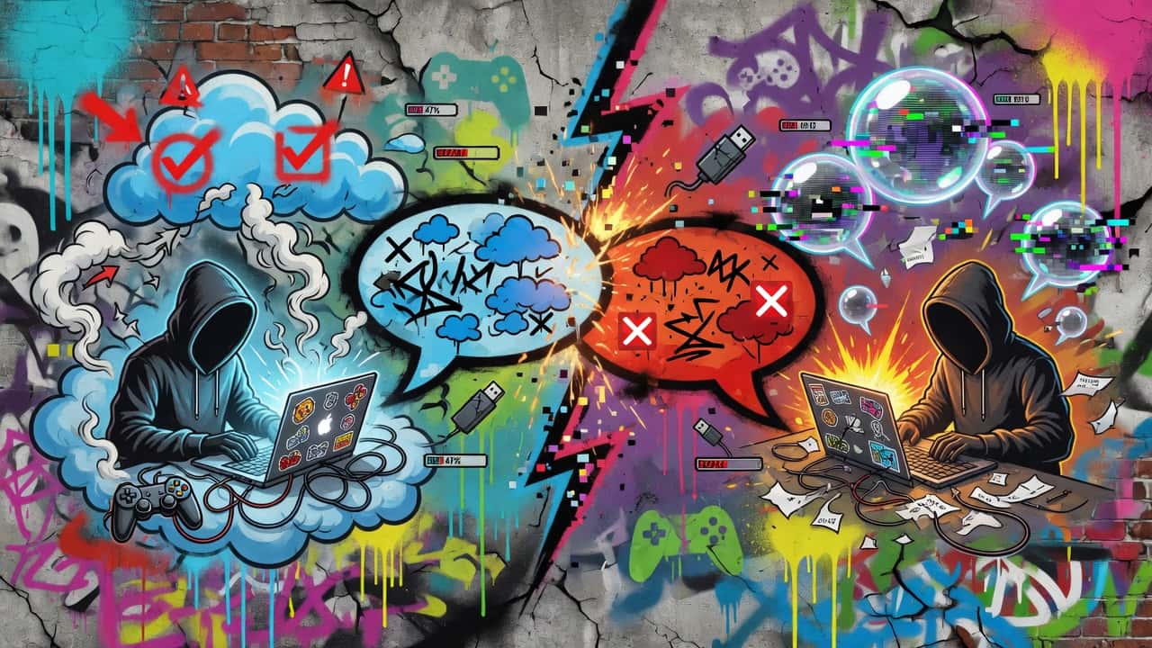 Abstrakte Gaming-Kollage mit Cloud-Symbol, Speicherständen und zwei Geräten ohne Logos