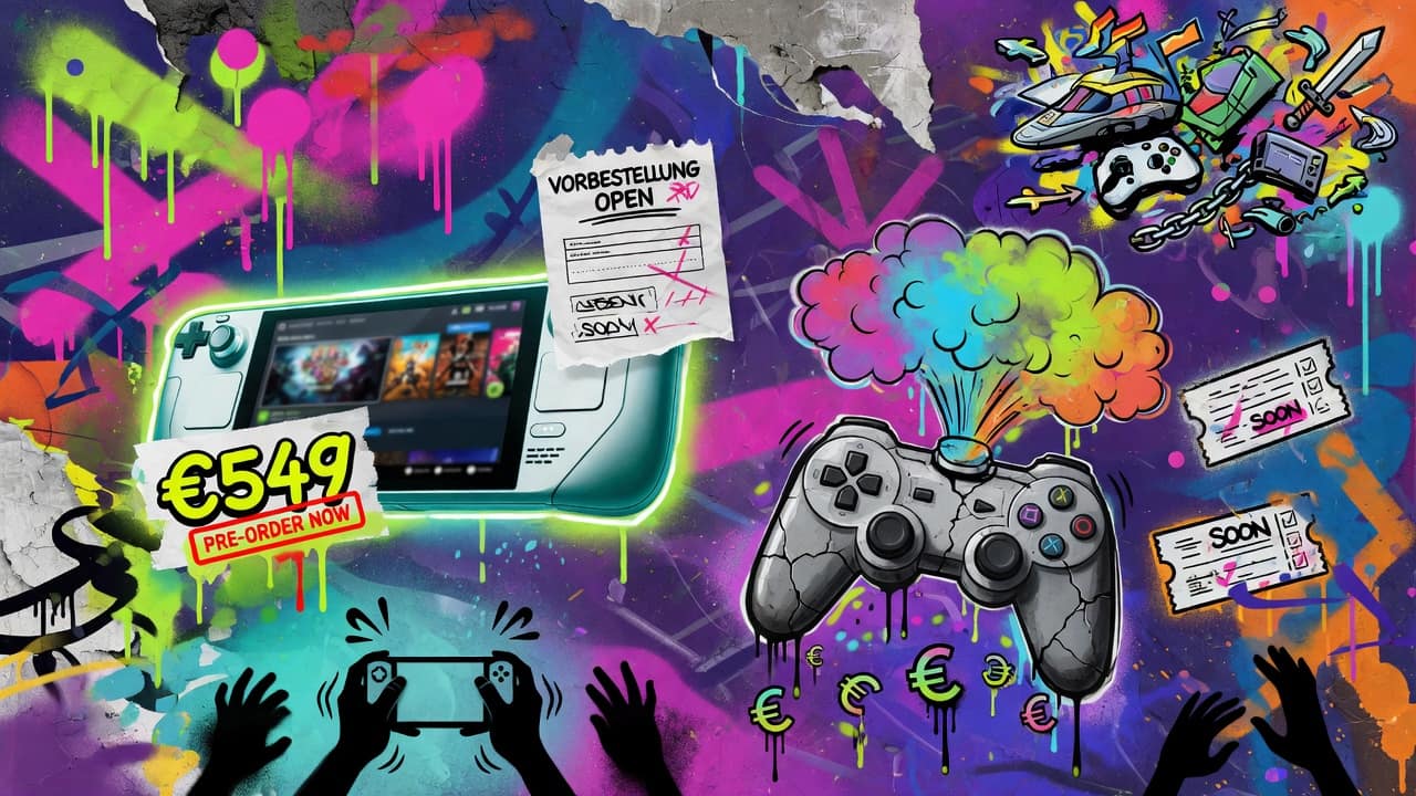 Bunte Street-Art-Gaming-Collage mit generischem VR-Headset, Controllern, Preisetikett und PC-Symbolen ohne Logos