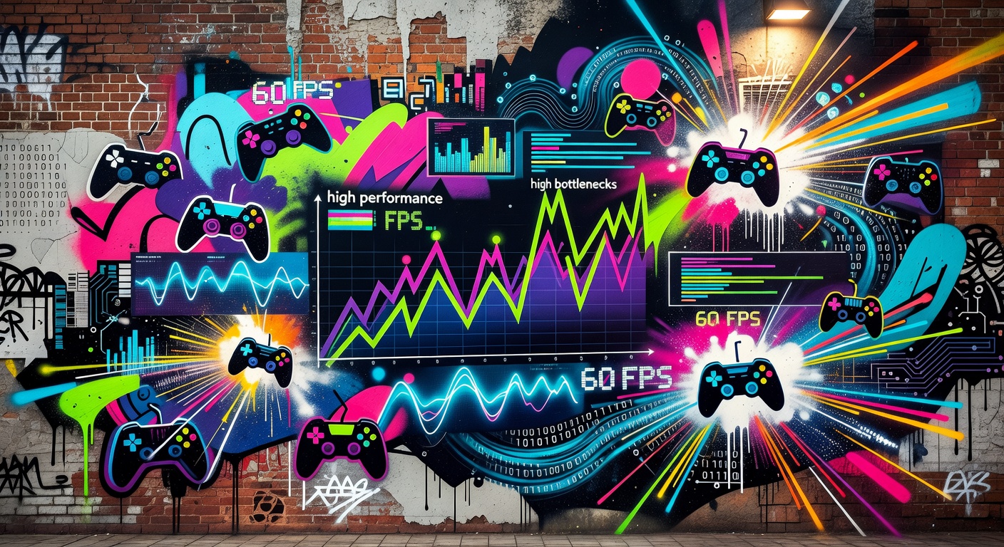 Abstrakte PC-Gaming-Oberfläche mit Performance-Diagramm, Handheld und Desktop-Symbolen ohne Logos