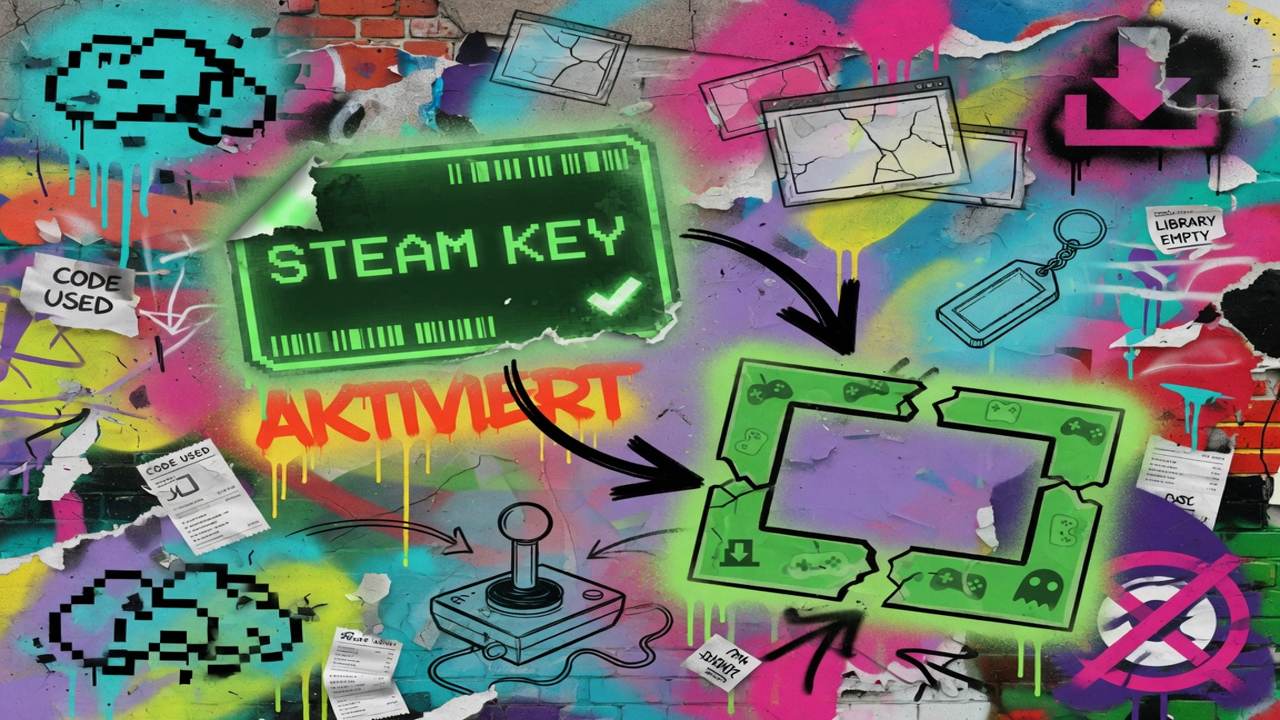 Abstrakte Gaming-Collage mit Steam-Bibliothek, Produktschlüssel und Support-Hinweisen in kräftiger Street-Art-Optik ohne Logos
