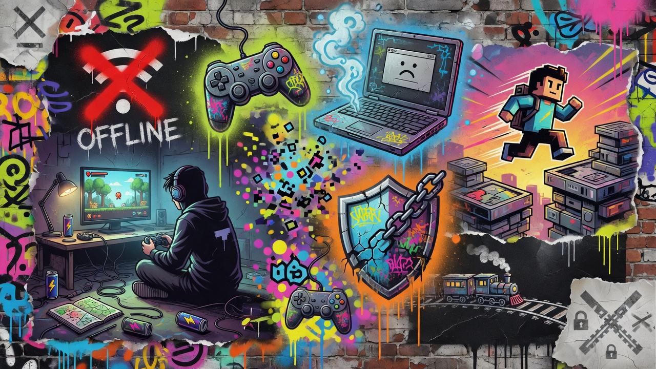Abstrakte Gaming-Kollage mit Desktop-PC, Handheld und Offline-Symbolen ohne Logos