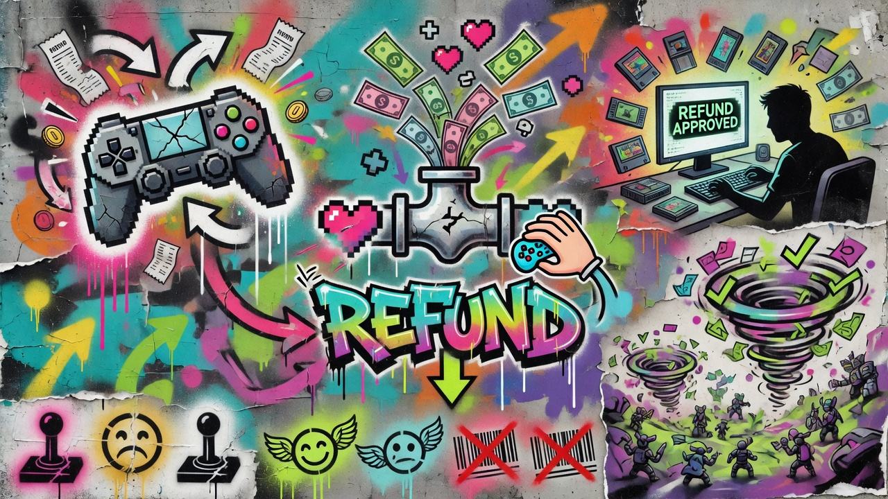 Abstrakte Gaming-Kollage mit Kassenbon, Download-Fenster und Rückzahlungssymbol ohne Logos